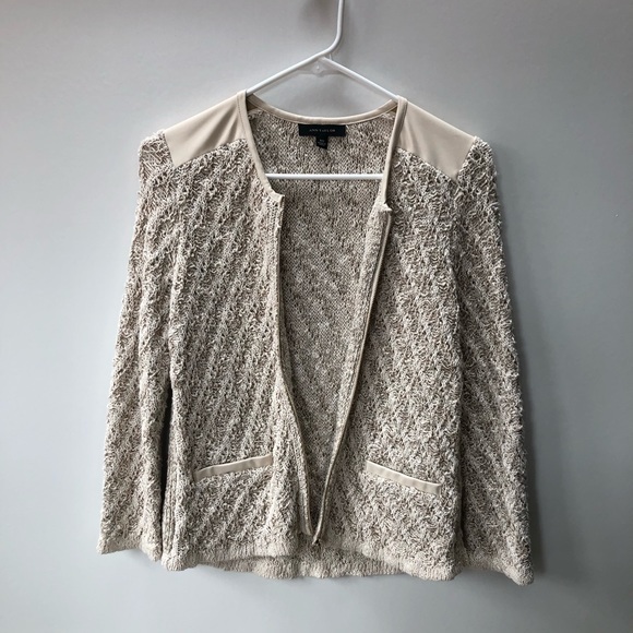 Ann Taylor Cream Knit Zip Up Sweater Jacket with Leather Details - Picture 2 of 6